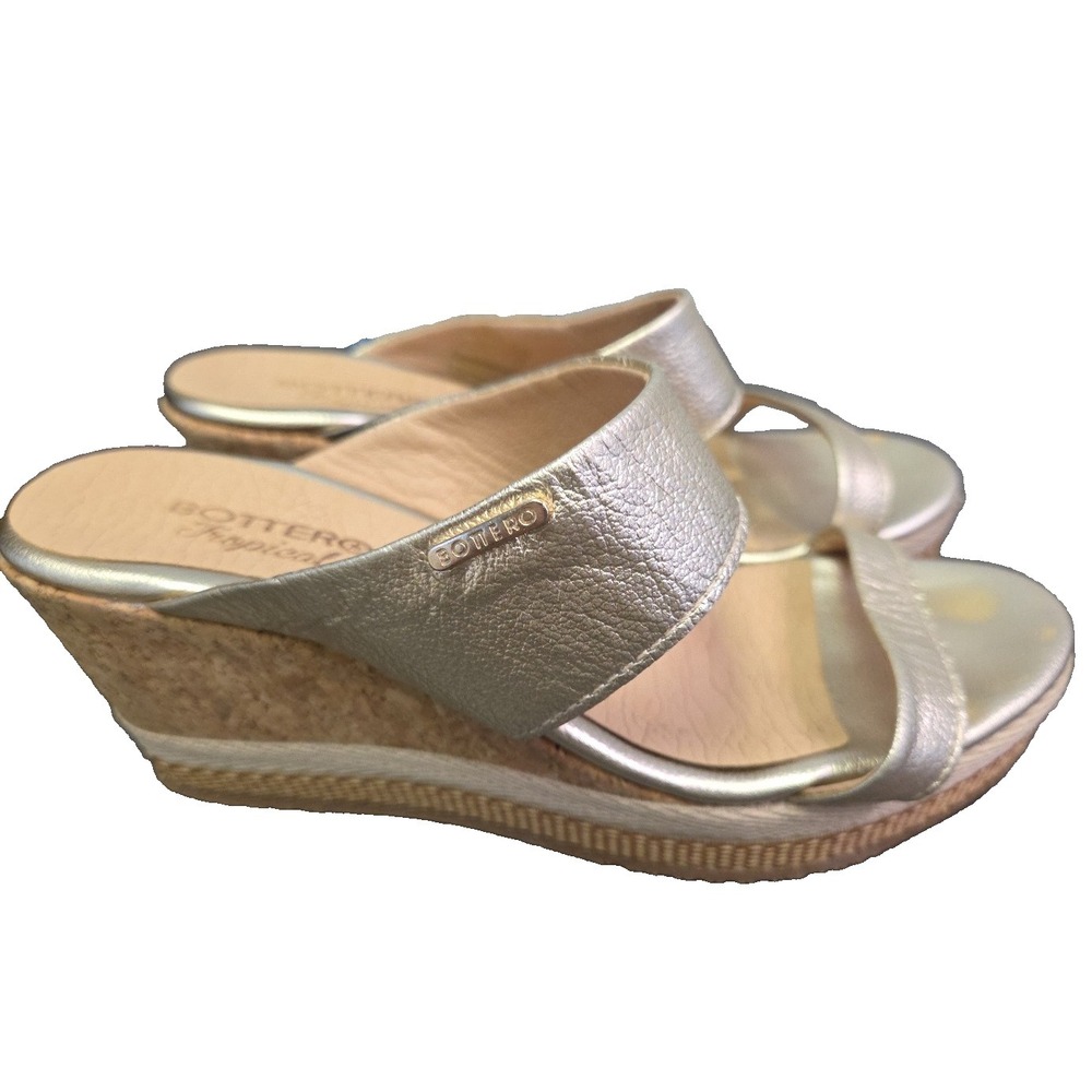 Bottero Tropical Gold Leather Slip in Straps Wedge Cork Sandals Shoes 7M Brazil